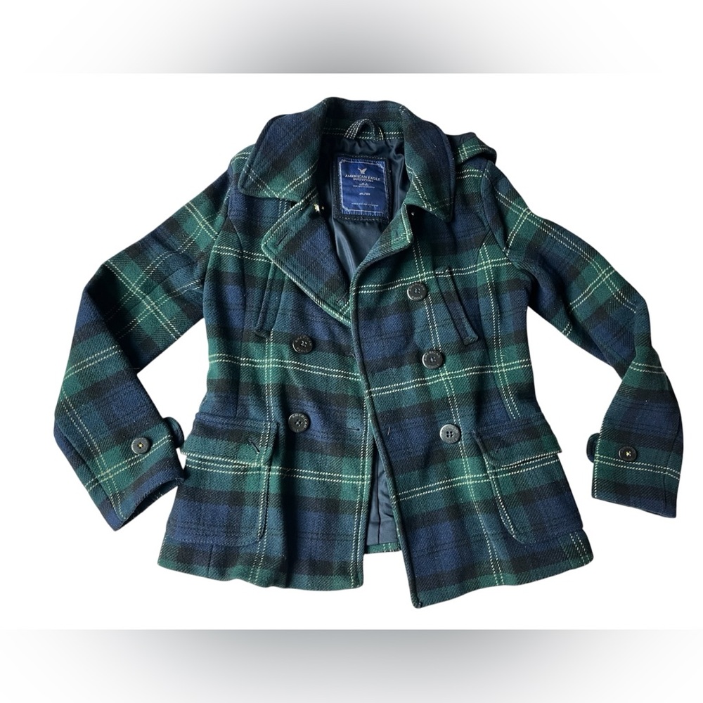 VINAGE AMERICAN EAGLE WOOL PLAID TARTAN JACKET WOMENS MEDIUM HOODED